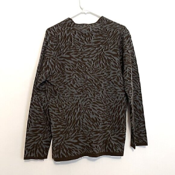 NEW NWT DANA BUCHMAN Dark Brown Gray Zebra Animal Collared V-Neck Cotton Sweater - Picture 11 of 12